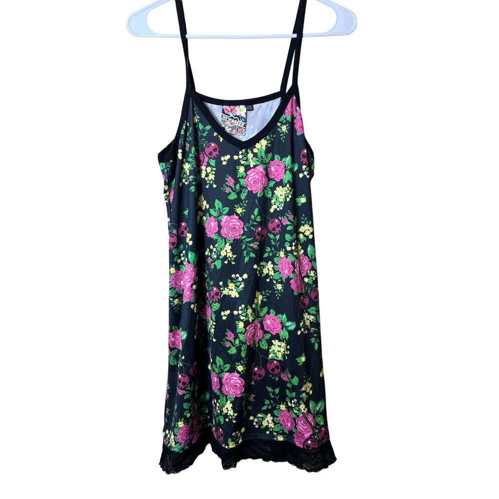 Newbreed Los Angeles Skull‎ Cherry Floral Lace Trim Cami Slip Dress Black Large
